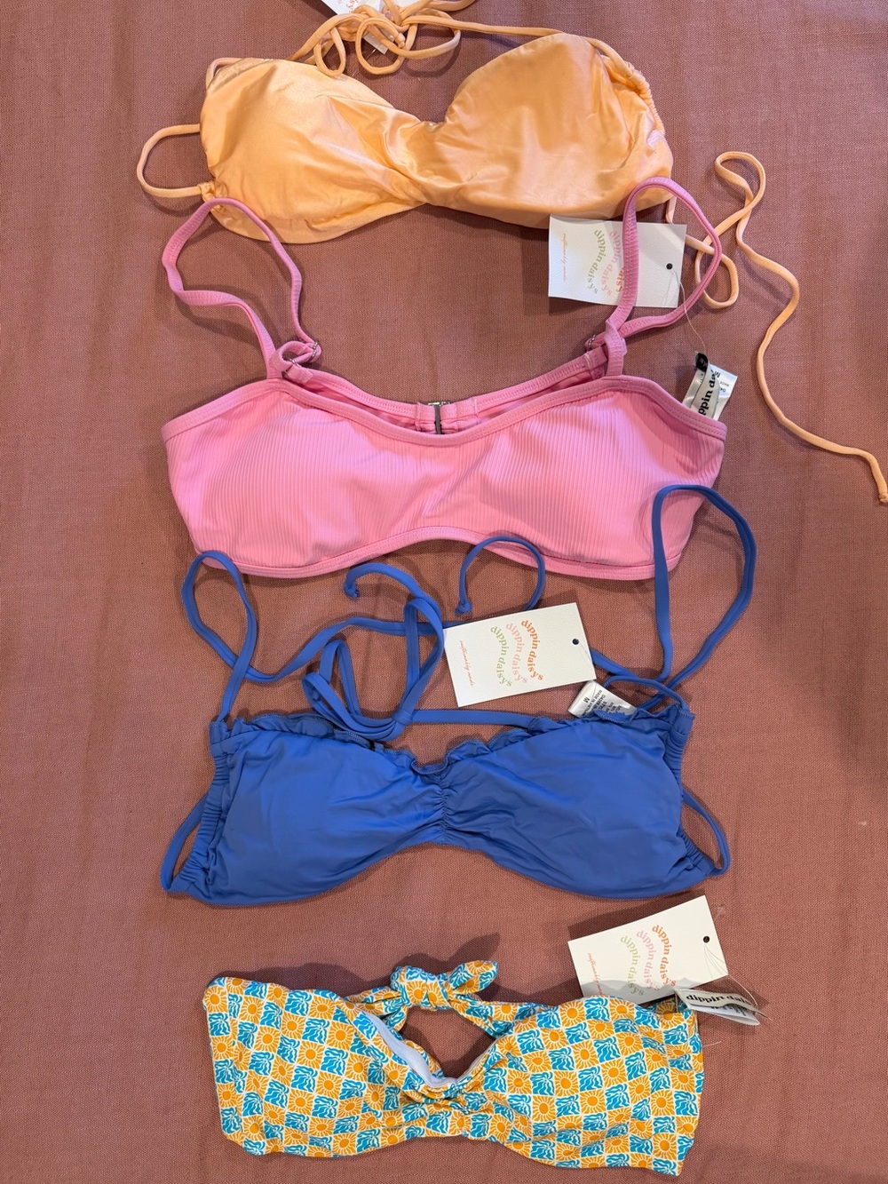 NWT Set of Four DIPPIN DAISYS Bikini Tops - Peach, Pink, Blue, Patterned Size M